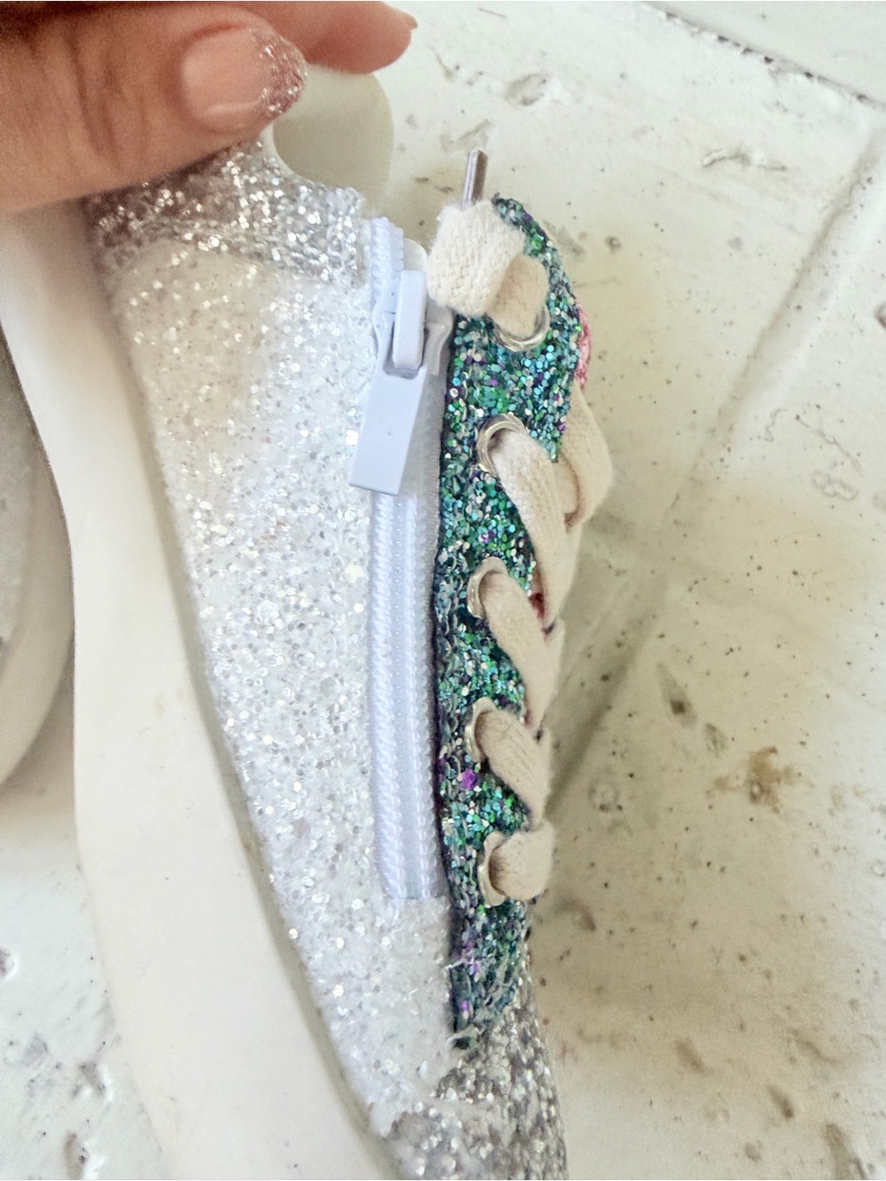 Girls Glitter Star Sneakers in Silver, Green & Pink w/ zippers worn once sz 13 - Picture 7 of 9